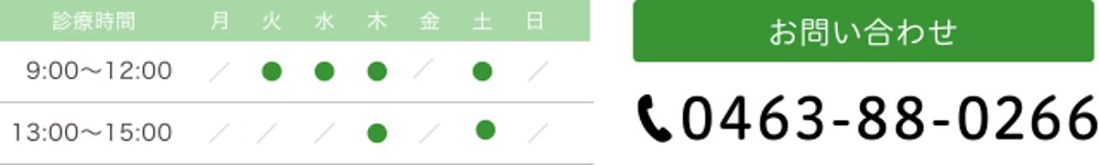 診療時間9:00〜12:00　休診日：日曜　TEL:0463-88-0266